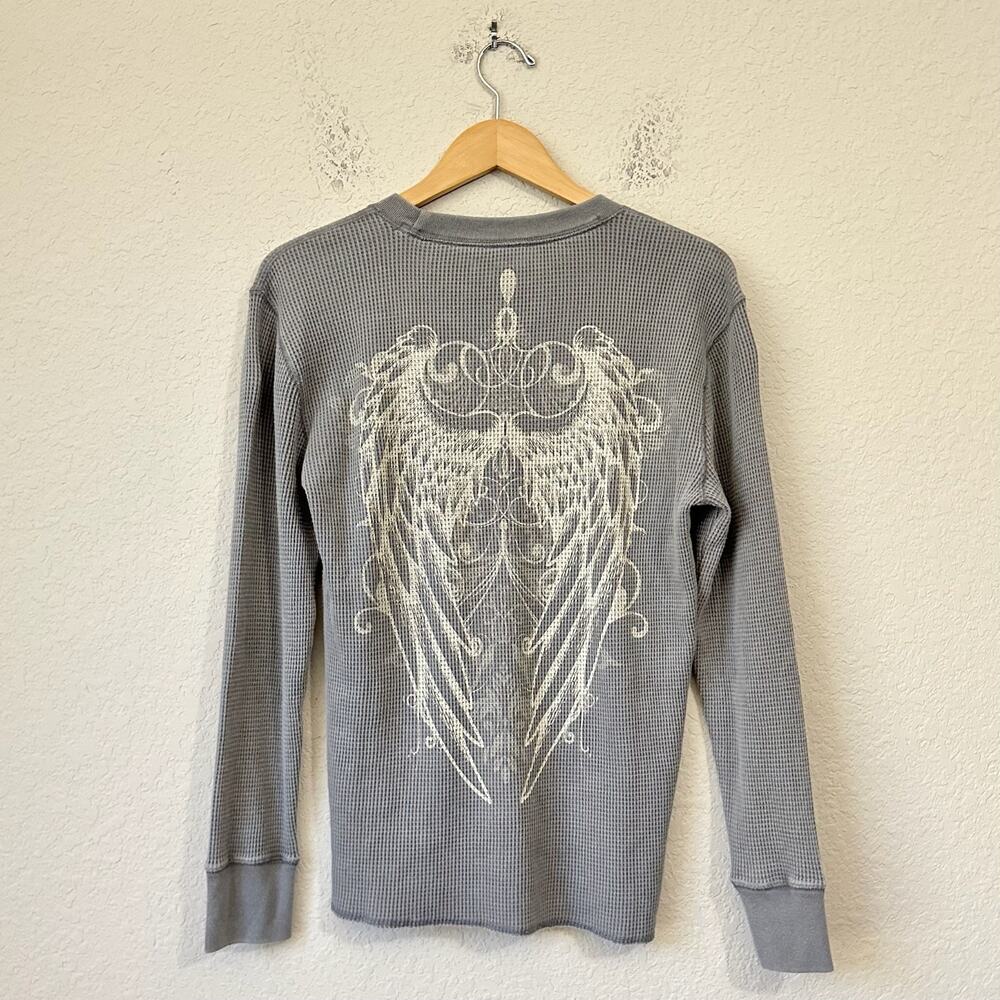 HOLLISTER Rose & Angel Wings Graphic Thermal Shirt Gray Waffle Knit NWT